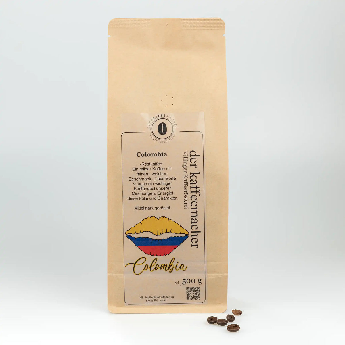 500 g Kaffeepackung aus braunem Kraftpapier von Der Kaffeemacher.
500 g coffee package made of brown kraft paper from Der Kaffeemacher.